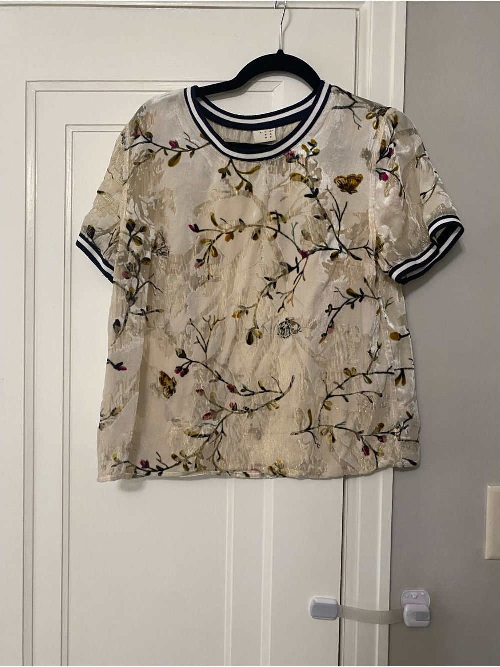 a new day Cream Floral Embroidered Short Sleeve Top with Navy Trim